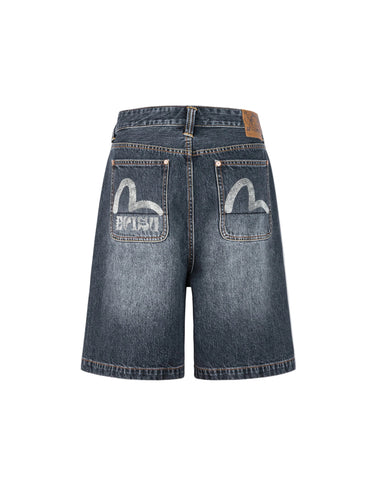 Evisu SEAGULL PRINT POCKETS OVERSIZED WORKER DENIM SHORTS | Blue Express