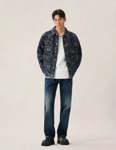 Evisu Allover Leopard Jacquard Denim Jacket | Blue Express