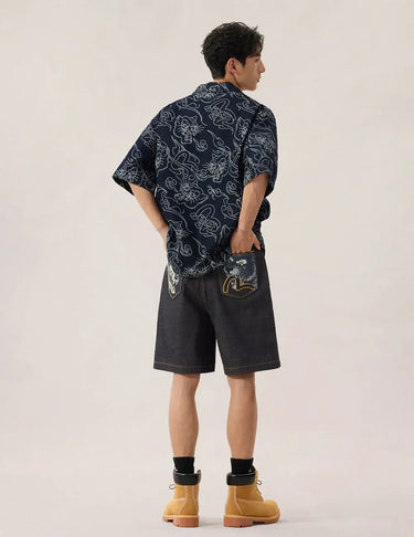 EVISU Allover Leopard and Cloud Print Denim Shirt | Blue Express