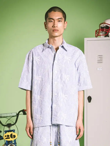 BERNA Camicia mezza manica a righe con fiori ricamati | Blue Express