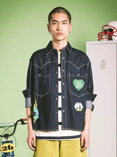 BERNA Overshirt in jeans lavaggio scuro con patch | Blue Express
