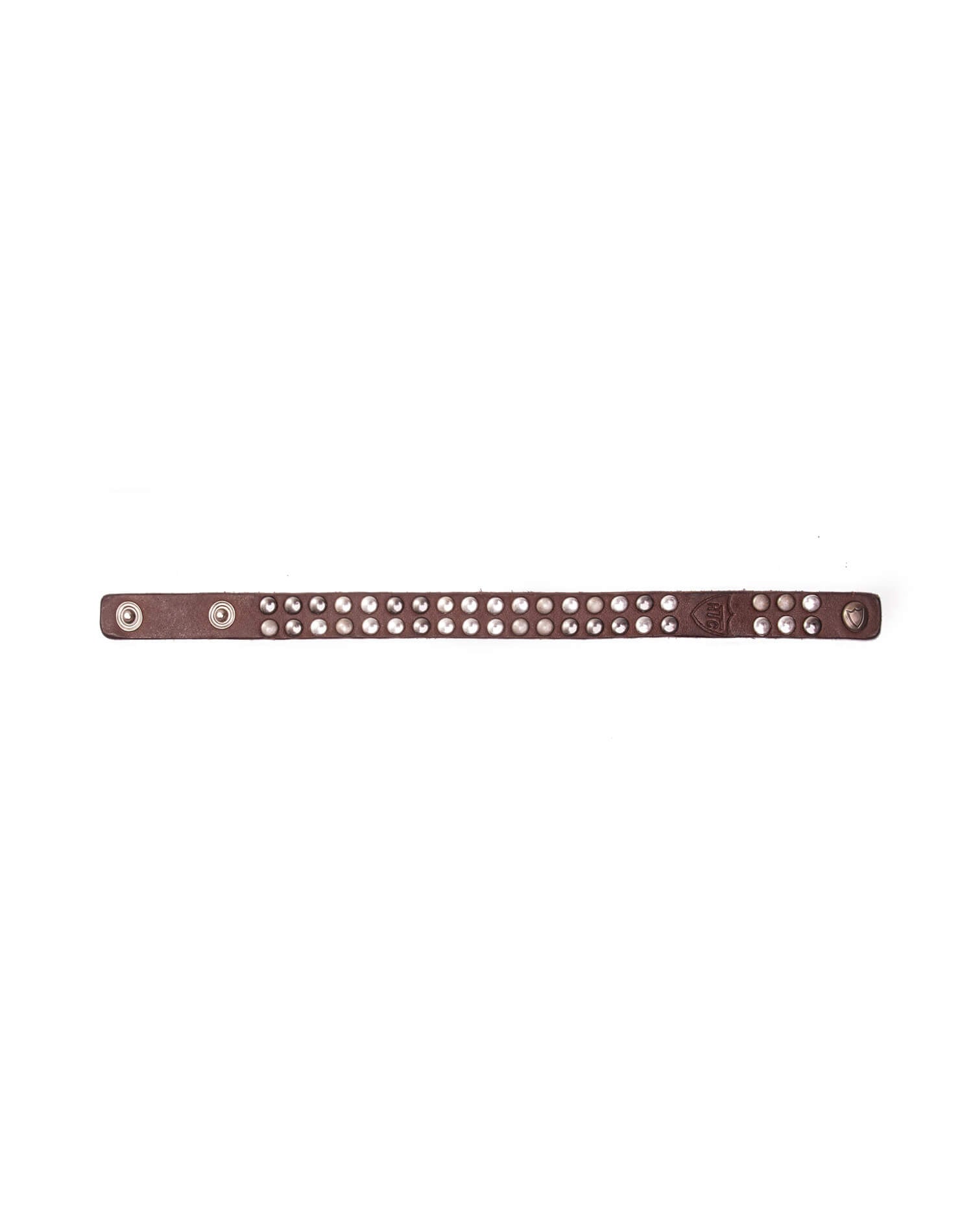 10.000 MINI BR Brown leather bracelet with double line studs, zamac button closure with carved HTC Los Angeles logo. 100% Made in Italy. HTC LOS ANGELES