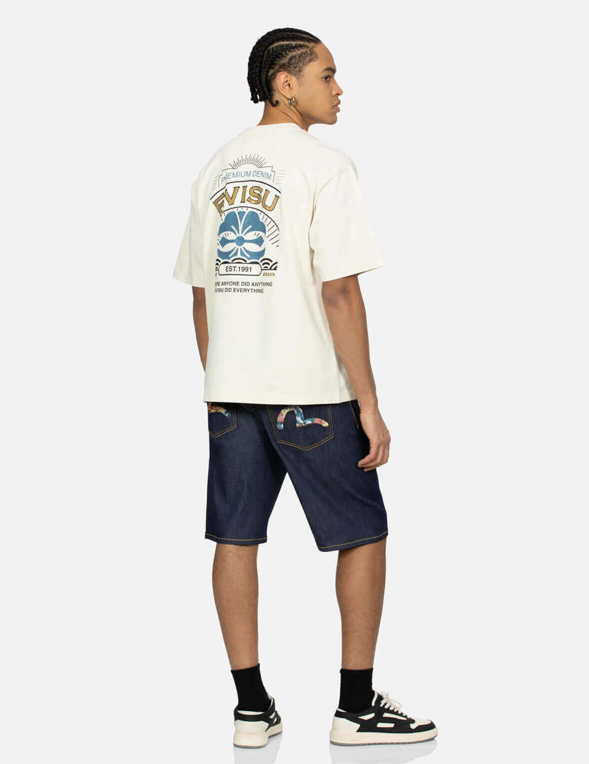 Evisu The Great Wave And Koi Seagull Embroidery Relax Fit Denim Short