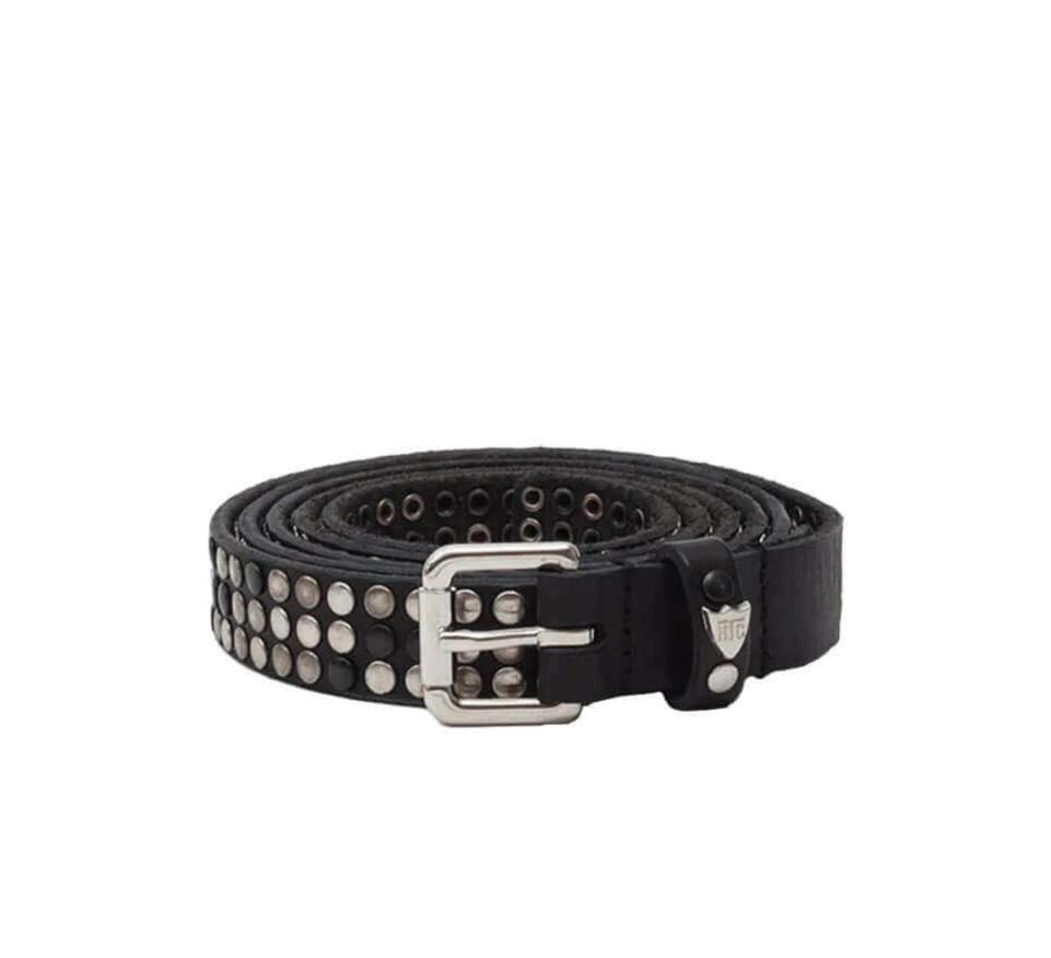 3.000 STUDS BELT Black leather belt with studs, brass buckle, loop with studs and engraved logo. Height 2 cm. Made in Italy. HTC LOS ANGELES