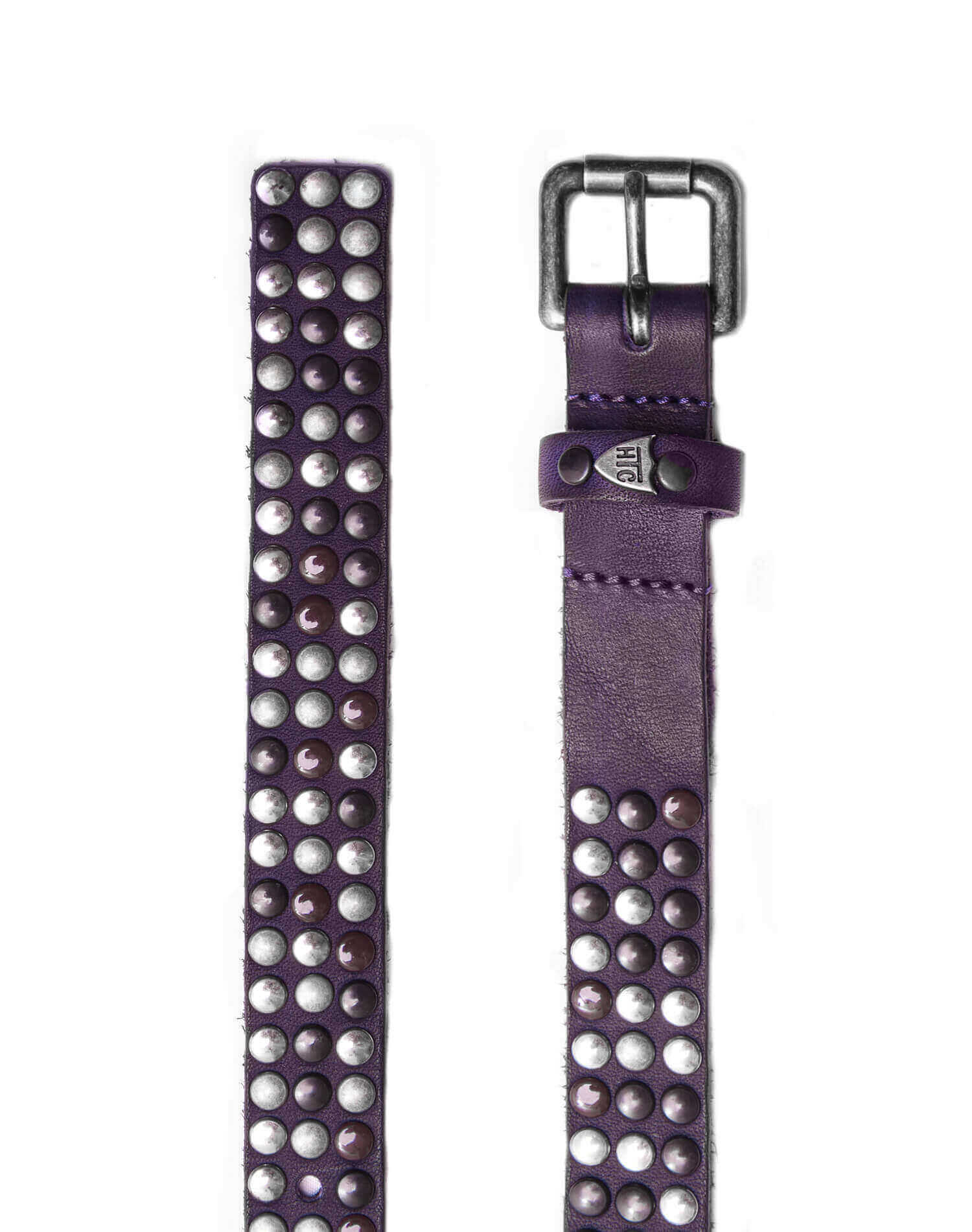 3.000 STUDS VARNISH BELT Violet leather belt with studs, brass buckle, studded zamac belt loop and rivet with HTC logo. Height: 2 cm. Made in Italy. HTC LOS ANGELES