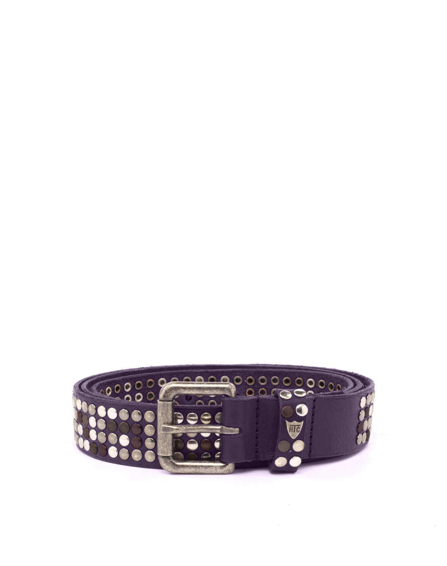 4.000 STUDS VARNISH BELT Violet leather belt with studs, brass buckle, studded zamac belt loop and rivet with HTC logo. Height: 3 cm. Made in Italy. HTC LOS ANGELES