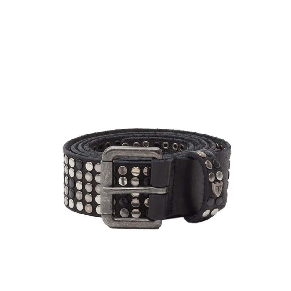 5.000 studs belt Black leather belt with mixed studs, brass buckle, studded zamac belt loop with HTC logo rivet. Height: 3.5 cm. Made in Italy. HTC LOS ANGELES