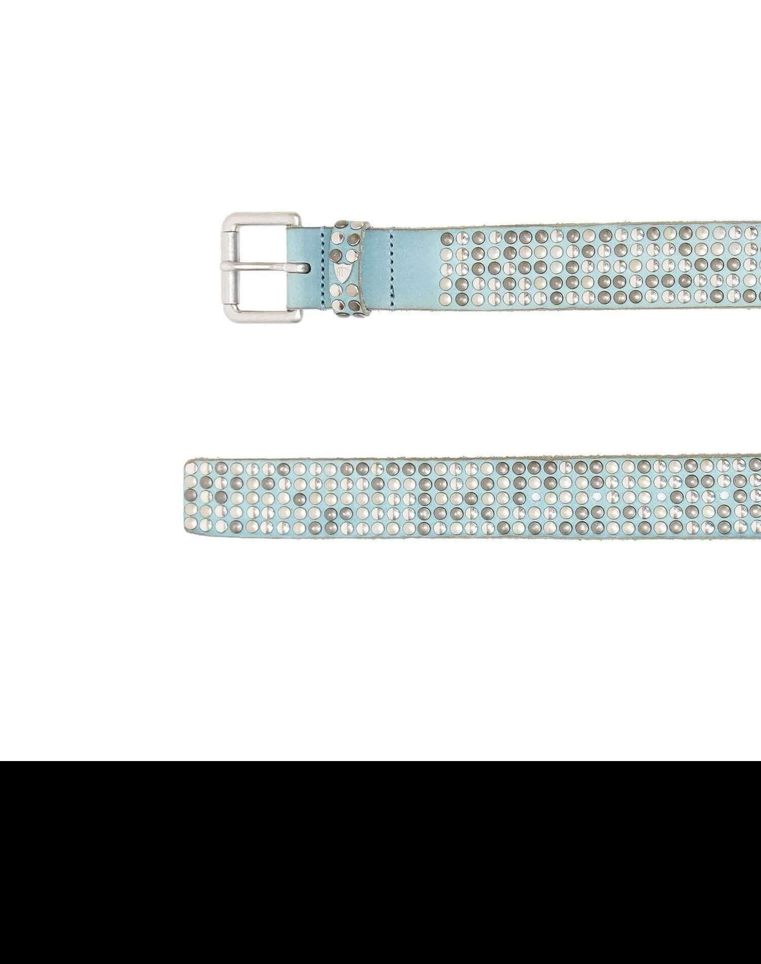 5.000 STUDS COLOR BELT LIght blue leather belt with mixed studs, brass buckle, studded zamac belt loop with HTC logo rivet. Height: 3.5 cm. Made in Italy. HTC LOS ANGELES