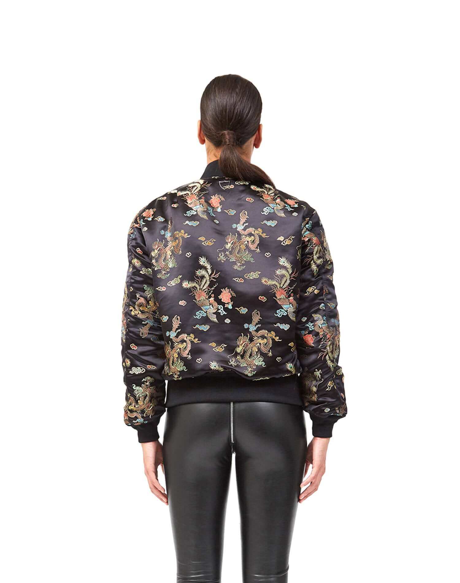 ALPHA BOMBER WOMAN Bomber jacket in jacquard fabric with chinese dragins design. Central zip closure, 2 side pockets with snap fasteners. Logo on the back. Inner lining 120gr. 100% polyester. Made in Italy. HTC LOS ANGELES