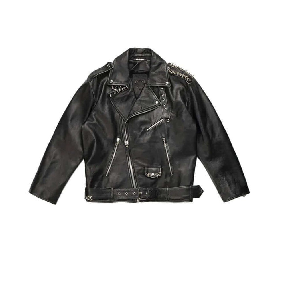 ALLEN SKULLS JACKET Black leather jacket printed on the back. Central zip closure. Side and frontal pockets with zip closure. 100% leather. Made in Italy. HTC LOS ANGELES