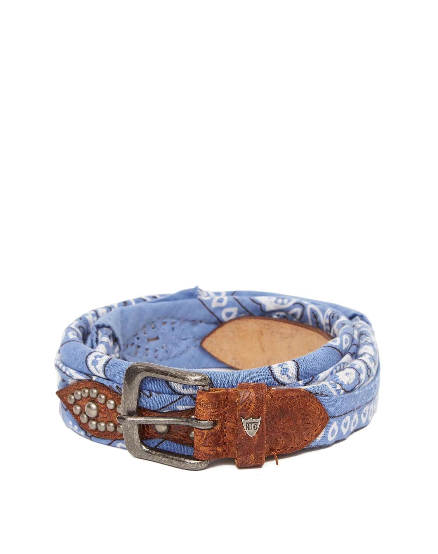 BANDANA BELT Cognac brown carved leather belt, paisley lilac bandana with studs and leather details. HTC LOS ANGELES