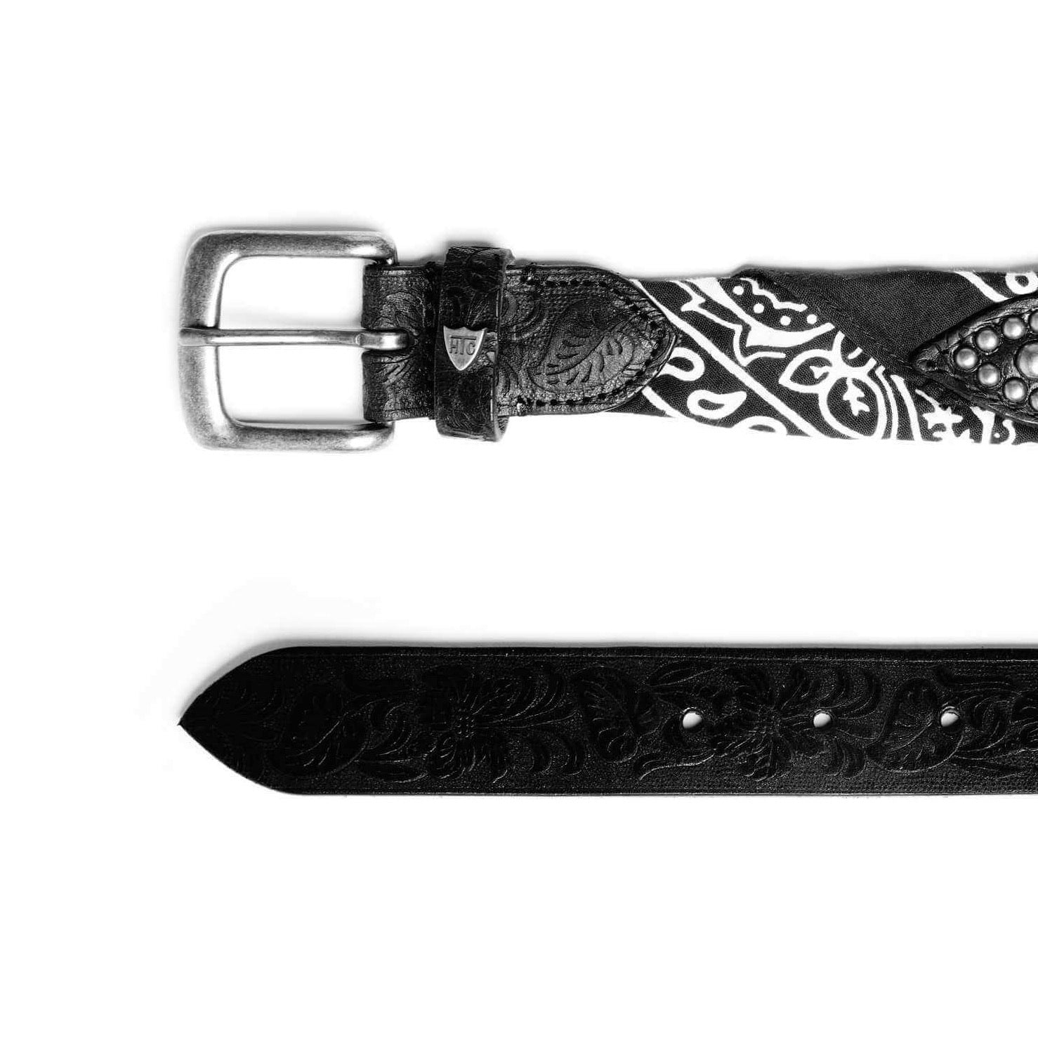 BANDANA BELT Black carved leather belt, paisley black bandana with studs and leather details. Height: 3,5 cm. Made in Italy. HTC LOS ANGELES