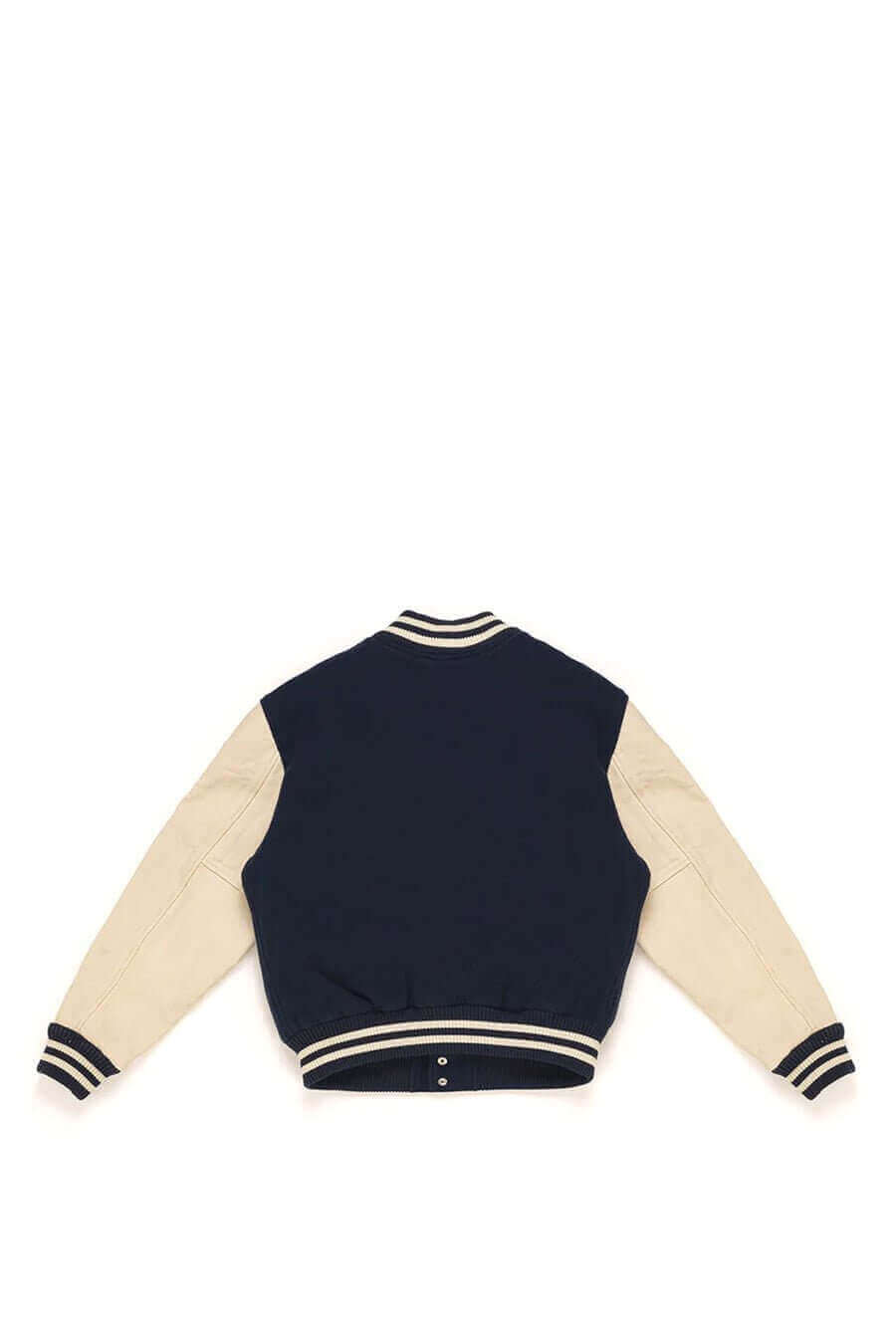 COLLEGE - EMBROIDERY MAN Varsity wool & leather bomber jacket. Front button closure, ribbed collar, cuffs and hem. Embroidered details. Two side pockets. Main body composition: 70% Wool, 30% Acrylic; sleeves: 100% Leather HTC LOS ANGELES