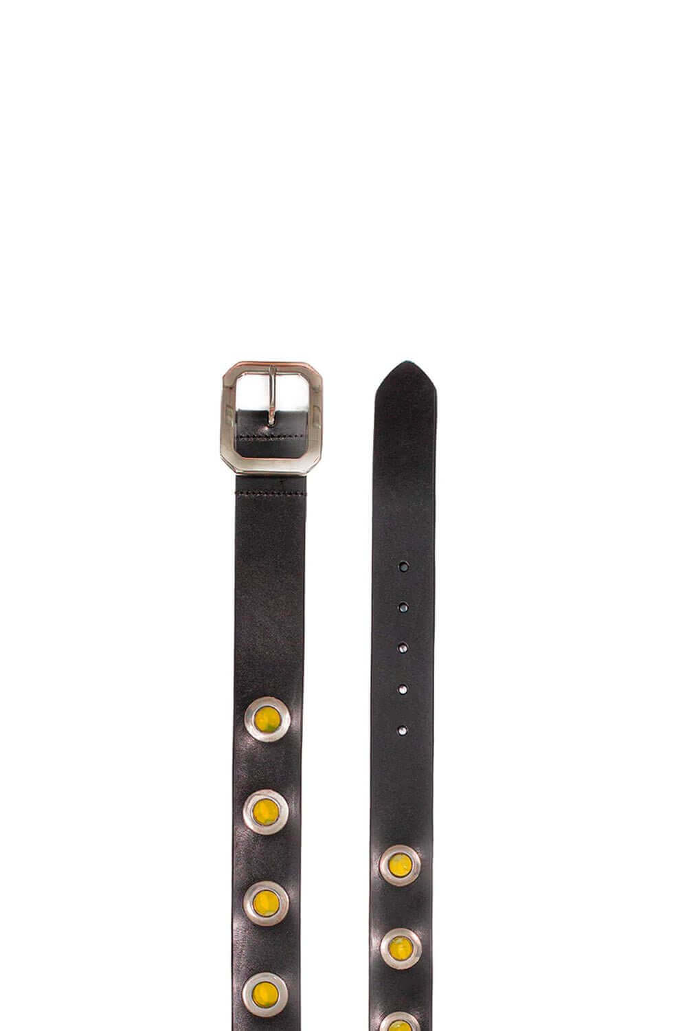 EYELET BELT Black leather belt with yellow eyelets. Squared buckle. Height: 4 cm. Made in Italy. HTC LOS ANGELES