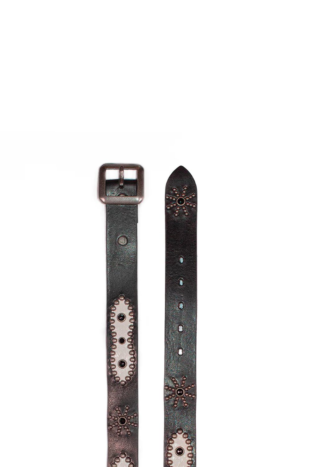 MARLENA BELT Black leather belt with studs and rhinestones. Squared buckle. Height: 3,5 cm. Made in Italy. HTC LOS ANGELES