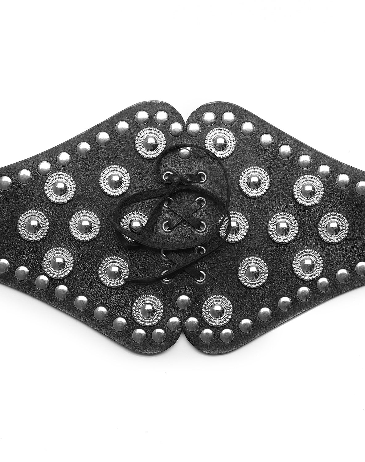 MAYFLOWER BUSTIER Black leather bustier with studs and metal details. Central leather lace. HTC LOS ANGELES