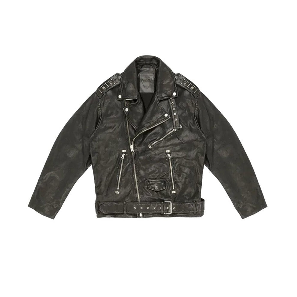 MELROSE VINTAGE JACKET Black vintage leather jacket. Central zip closure. Side and frontal pockets with zip closure. Studs on the shoulders. HTC LOS ANGELES
