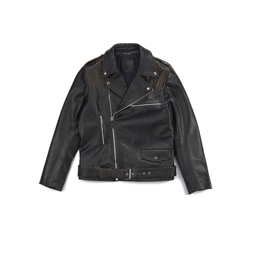 MICK JACKET Black leather jacket. Asymmetric zip closure. removable fringes on the shoulders. Side pocket with zip closure. Zippers on the sleeves. 100% leather. Lining 100% viscose. Made in Italy. HTC LOS ANGELES