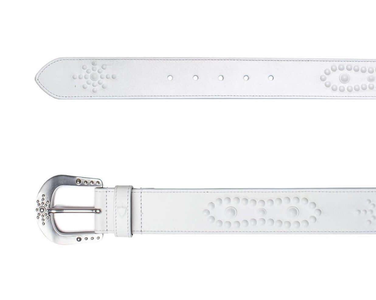 MIRAGE BELT White leather belt, zama buckle, with HTC shield logo rivet. Height: 4 cm. Made in Italy. HTC LOS ANGELES