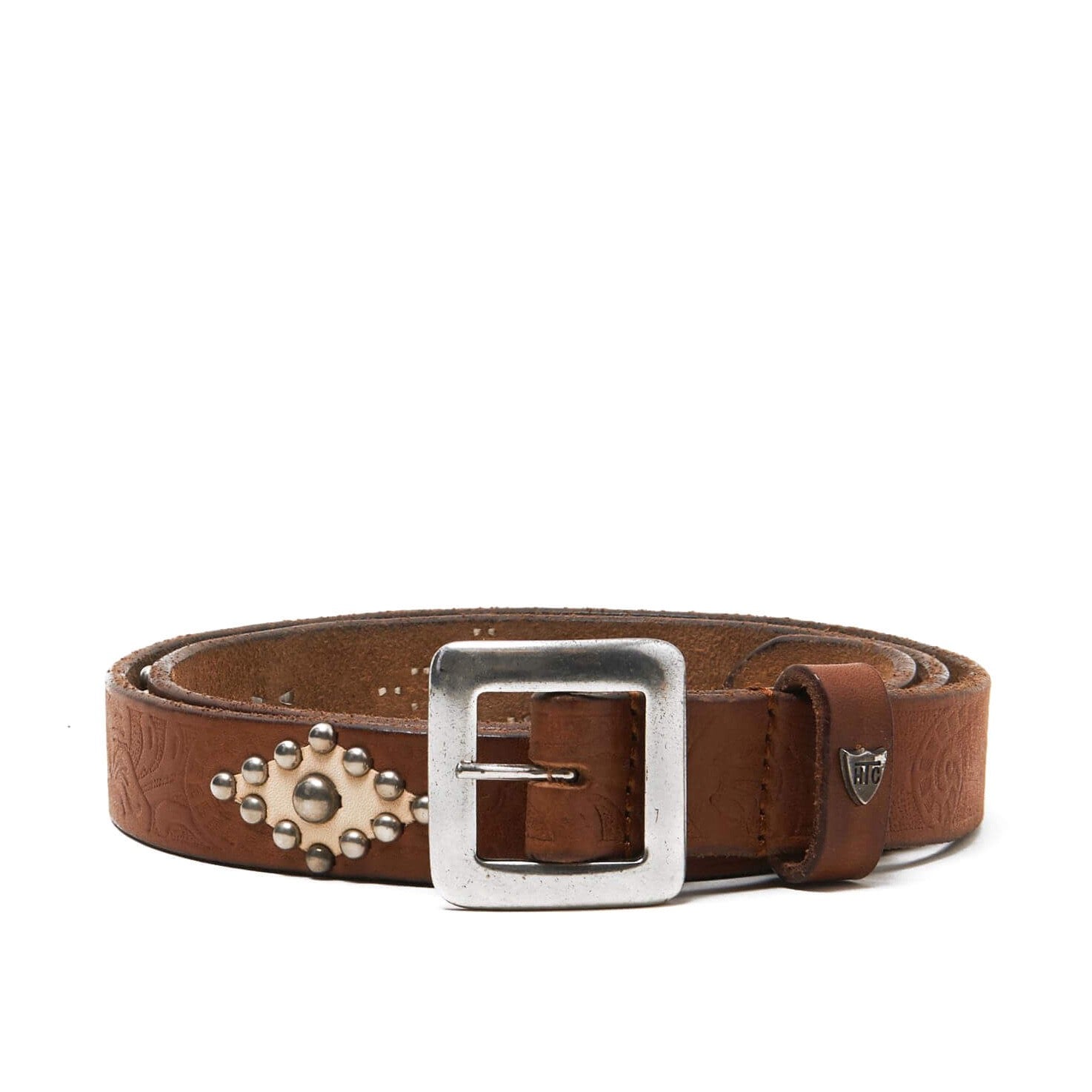 ROUGH ROCK BELT Cognac leather belt, rhombus leather details with glass stones, 3 cm height. Made in Italy HTC LOS ANGELES