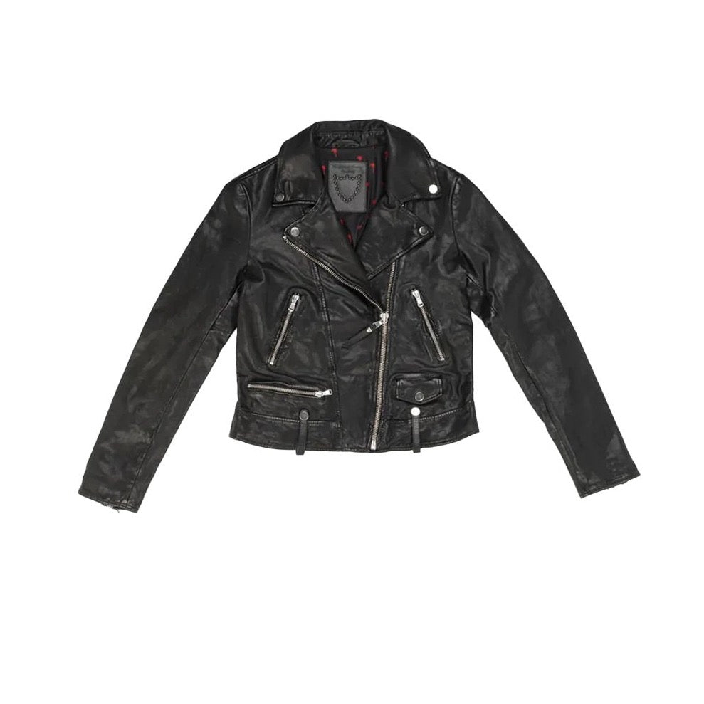 SANTA ANA JACKET Black leather jacket. Central zip closure. Side and frontal pockets with zip closure. Studs on the shoulders. Palms tree printed lining. HTC LOS ANGELES