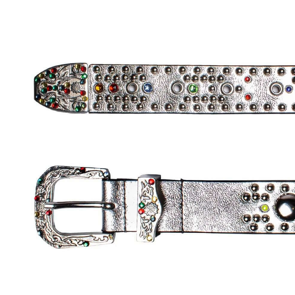 SHINY WESTERN BELT Silver leather belt with studs and rhinestones.Height: 3 cm. Made in Italy. HTC LOS ANGELES